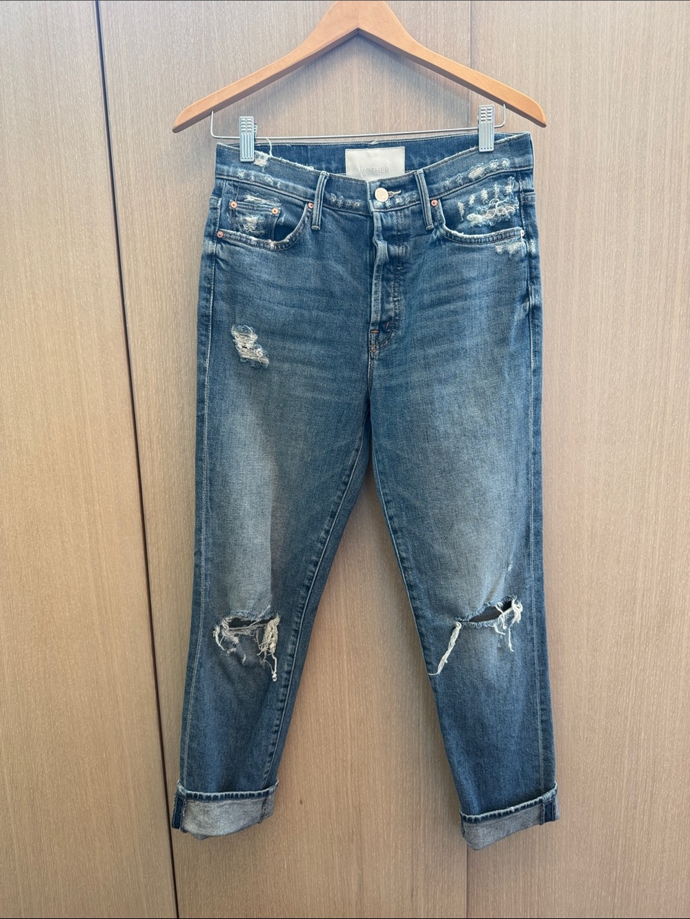 MOTHER Dark Blue Distressed Cropped Jeans